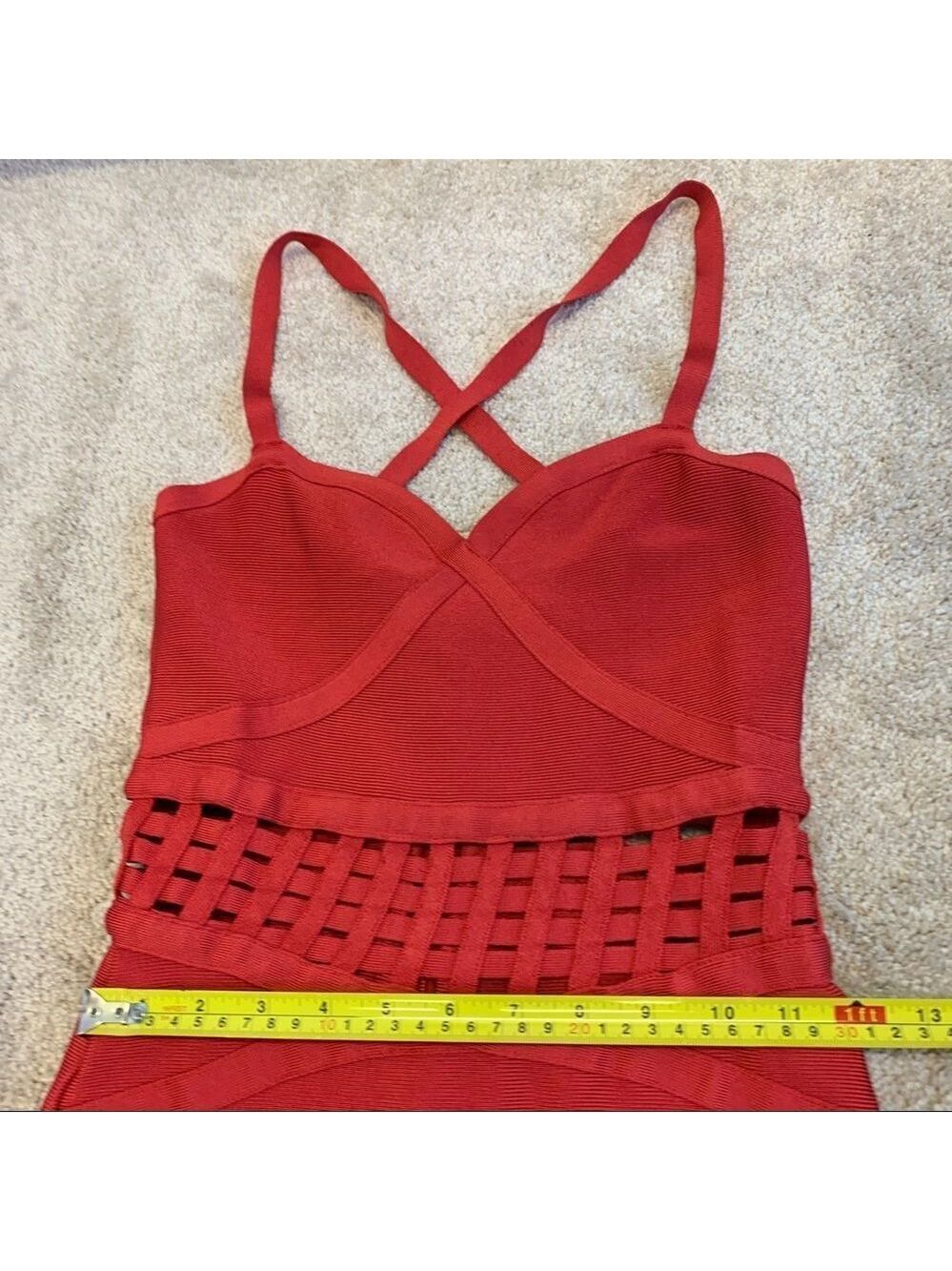 BEBE Red Bandage Bodycon Dress With Caged Waist Detail Sz M - Picture 10 of 12